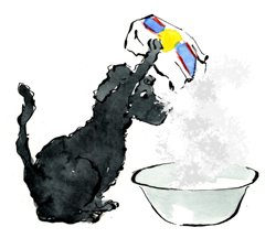 Illustation of a black dog smelling a bowl of flour.