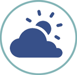Dark blue icon of a cloud with the sun behind it in a light blue circle